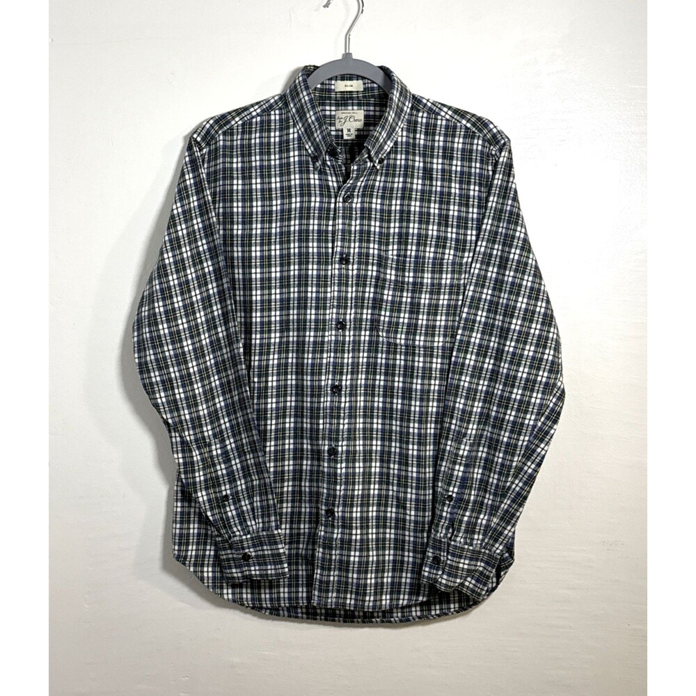 J.Crew Mens Flannel Blue Green White Plaid Long Sleeve Shirt Botton Down Size M